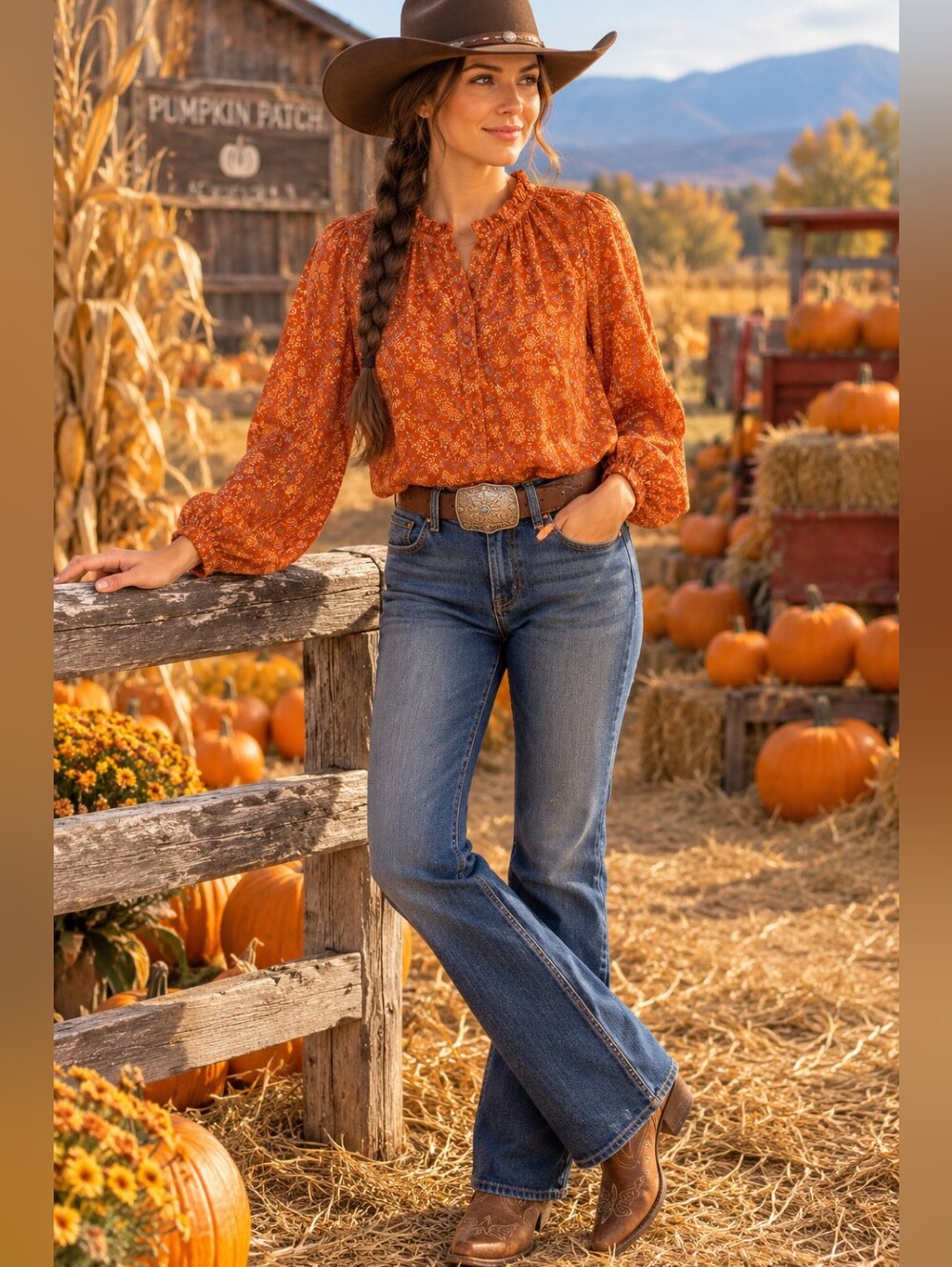House Of Harlow 1960 Ditsy Print Floral Blouse Rust/Orange Boho Western SZ:L